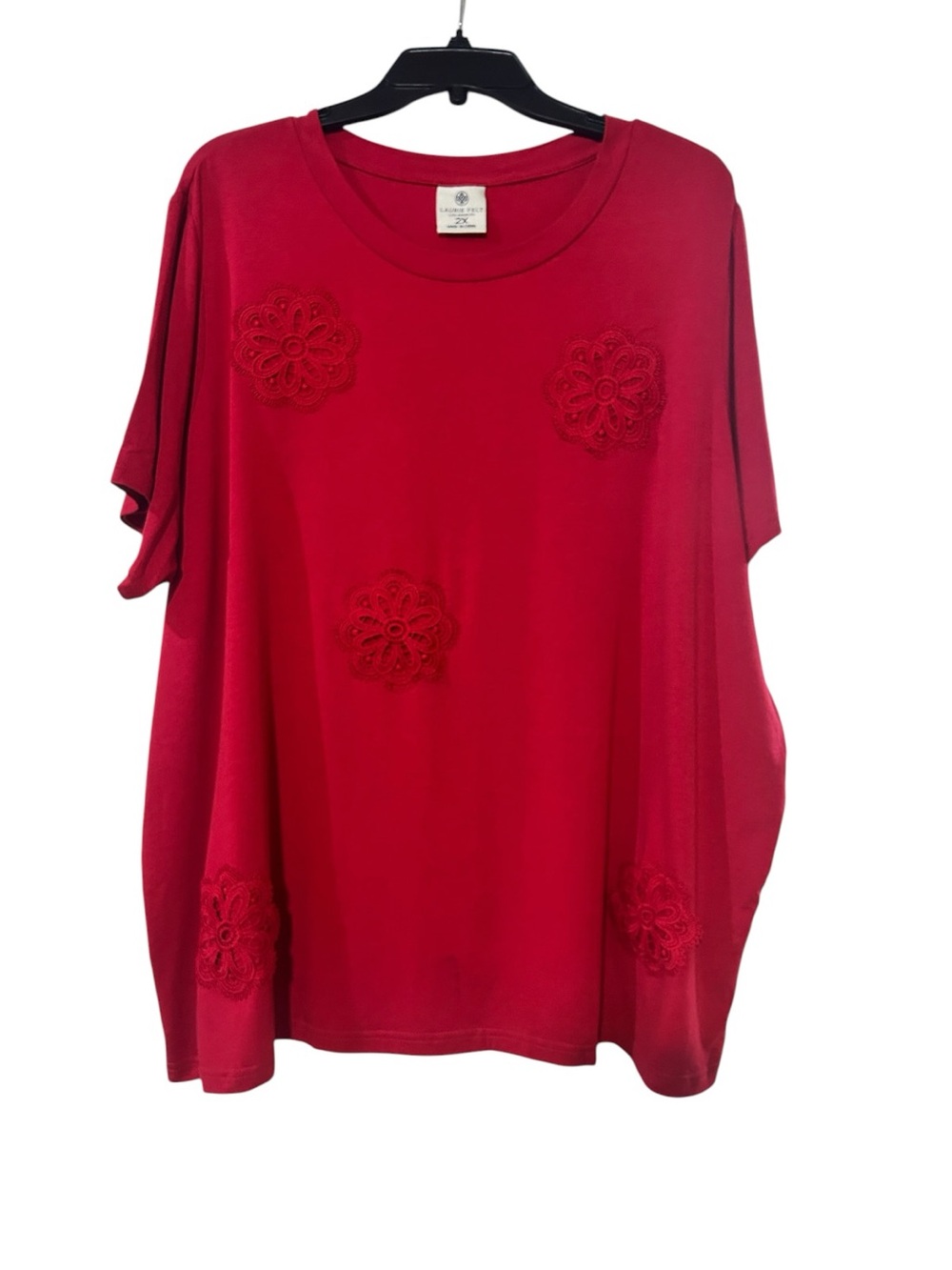Laurie Felt Red Short-Sleeve Top with Crochet Appliqué